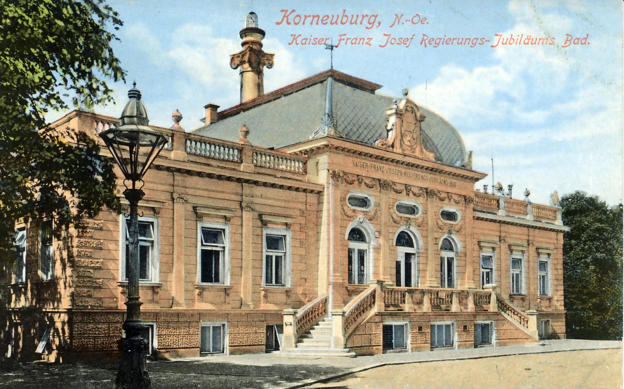 Ansichtskarte: Kaiser Franz Josef Regierungs-Jubiläumsbad Korneuburg, 1908